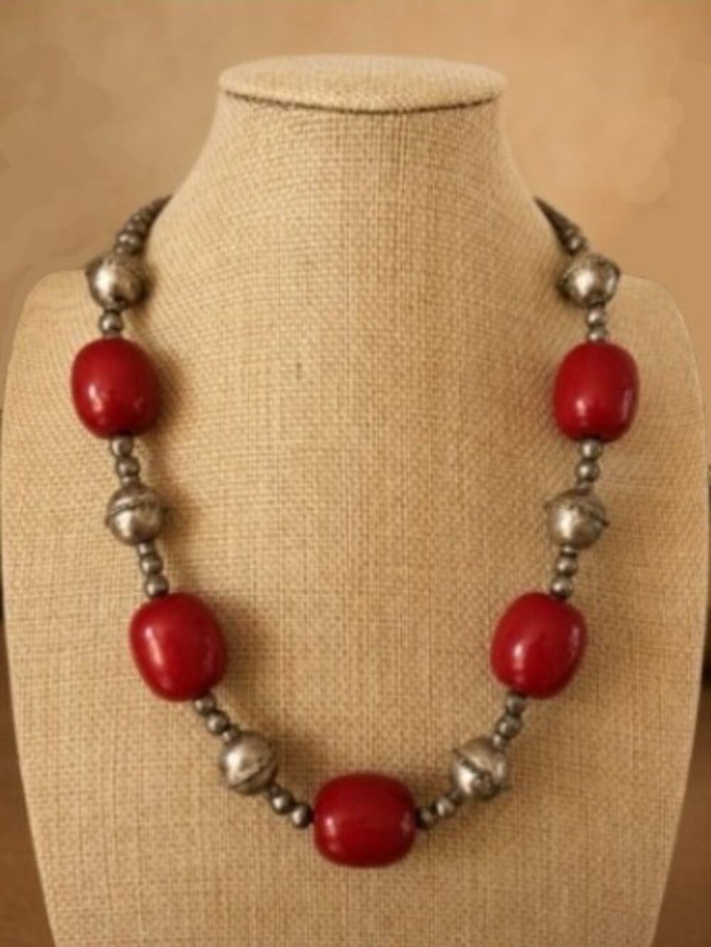 Vintage Boho Tibetan Silver & Red Resin Chunky Barrel Beaded Tribal Necklace